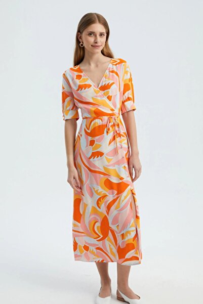 Hiccup Rochie maxi cu mânecă scurtă și decolteu scurt abstract și crăpătură l...