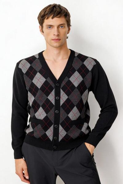 Desen Triko Men's V-Neck Argyle Patterned Wool Cardigan Black