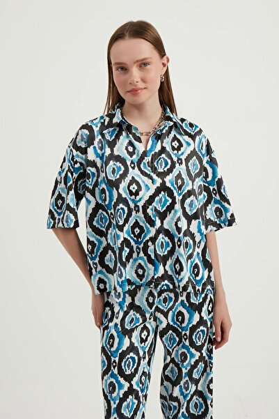 Hiccup Cămașă boho din satin, cu mânecă scurtă, relaxată