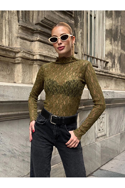 Cool & Sexy بلوزة دانتيل خضراء بياقة عالية