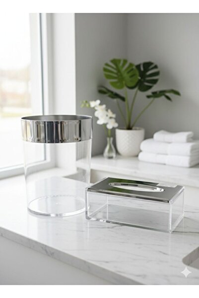Noor Round basket and transparent acrylic tissue box with a wide silver borde...