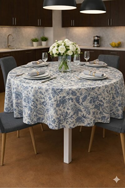 Rona Home Blue Floral Round Tablecloth Quality Woven Fabric Stain Resistant D...