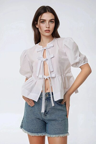 Hiccup Cotton Blouse with Bow Front