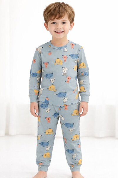 mışıl mışıl kids طقم بيجامة قطنية للأولاد بأكمام طويلة ونقشة حيوانات لطيفة