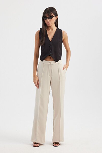 Hiccup Beyaz Yüksek Bel Pileli Wide Leg Pantolon