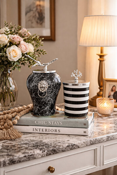 ferayhome Dekoratif Obje Aslanlı Şah Küp Siyah Mermer Silindir Siyah Zebra Gü...