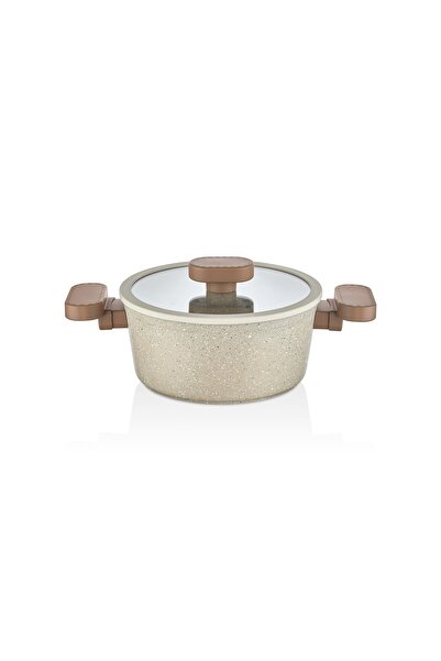 LAVONNI Valeria 24 cm Granite Deep Pot with Silicone Edged Glass Lid - Cappucino