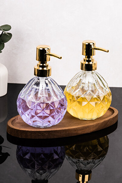 Dolkin Home 2-Piece Glass Liquid Soap Dispenser with Gold Lid and Wooden Stan...