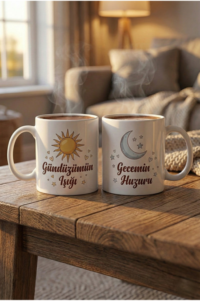 MeshCraft3D Güneş ve Ay Temalı Sevgili Kombin Kupa Bardak Seti - Gündüzümün I...