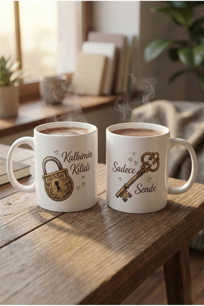 MeshCraft3D Kalbimin Kilidi ve Anahtarı Tasarımlı Romantik Çift Kupa Seti - S...