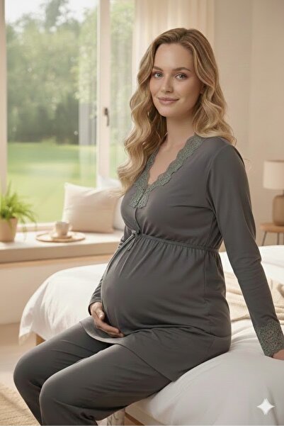 Pelin Women's Lace Detailed Adjustable Waist Maternity Pajama Set