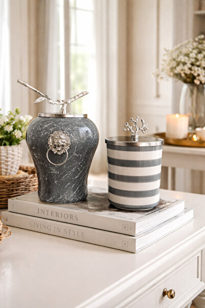 ferayhome Dekoratif Obje Aslanlı Şah Küp Gri Mermer Silindir Gri Zebra GÜMÜŞ ...