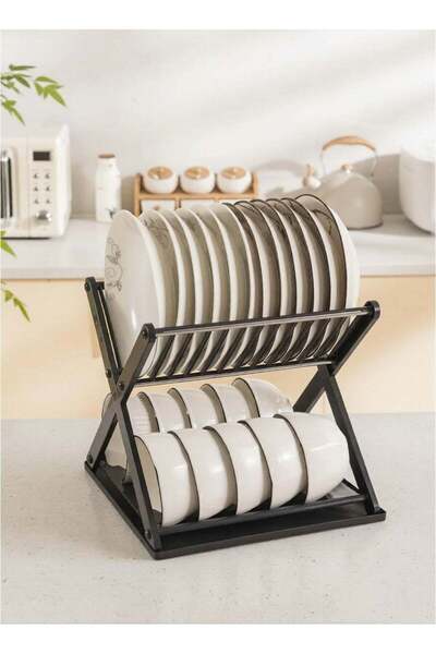 Roomlyne رف تجفيف الأطباق والأكواب البلاستيكي القابل للطي ذو طبقتين