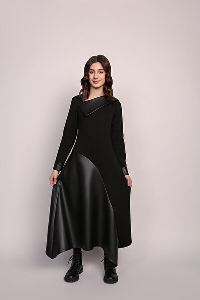 Obaha Black dress with an asymmetrical leather collar and cut