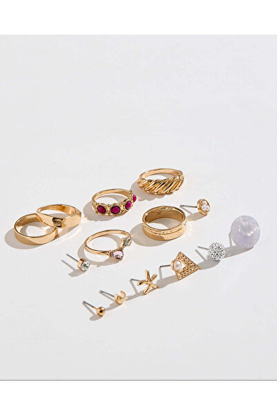 REDTAG طقم خواتم وأقراط مرصعة بالذهب للنساء (14 قطعة)