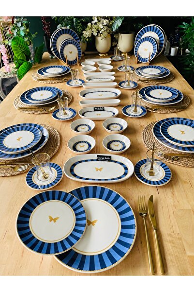 CASA DE BELLA Lacivert Çizgili 76 Parça 12 Kişilik Kahvaltı Takımı