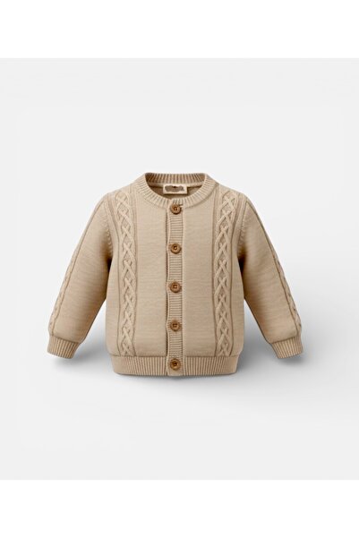 LİTTLE ANGELS Boy's Beige Knitwear Cardigan with Knitted Detail on Two Sides ...
