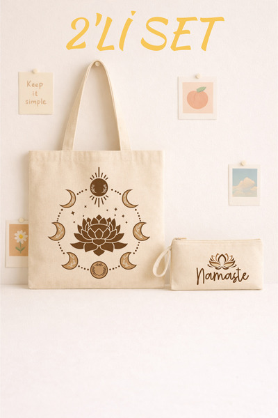 Maki Craft Lotus & Ay Evreleri 2’li Bez Çanta + Fermuarlı Kalemlik Seti
