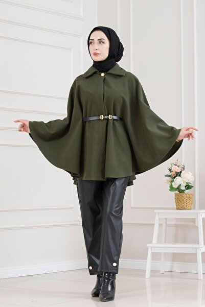 Sevitli Beli Belted Cashmere Poncho-Khaki