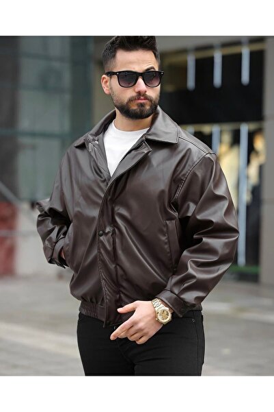 İBOS MODA Oversized Brown Vintage Men's Leather Jacket with Inner Lining