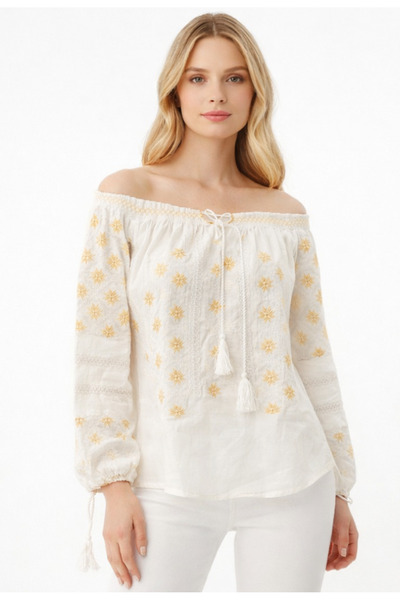 Nobrand Traditional White Dress with Gold Embroidery, Long Sleeves