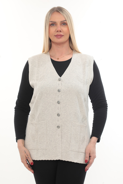 İKSUN Women's Knitwear Pocketed Winter Thick Leaf Patterned Mother's Vest