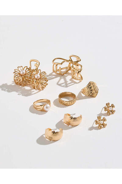 REDTAG Women Gold Jewelry And Hair Claw Set (7 Piece)