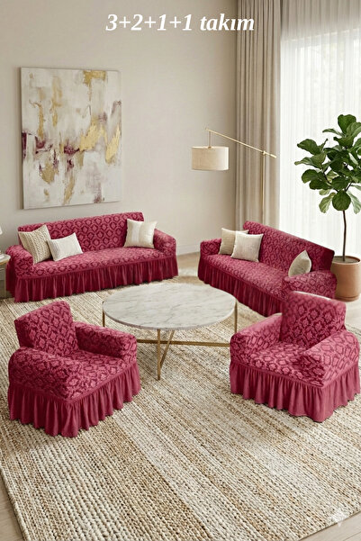 kutlale Jakarlı 3+2+1+1 Osmanlı Desen Koltuk, Kanepe, Çekyat Örtüsü, etekli, ...