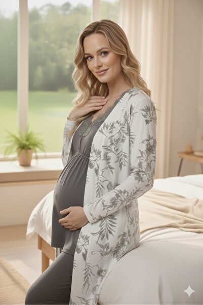 Pelin Women's Long Dressing Gown Patterned Lace Detailed Maternity 3-Piece Pa...