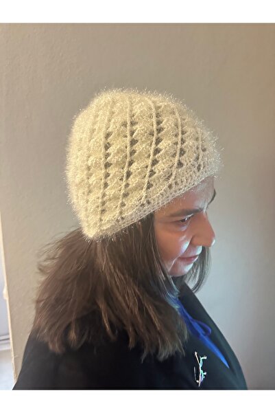 ALS Tasarım Dünyası White Color Light Shiny Hand Knitted Hair Beanie, Beanie