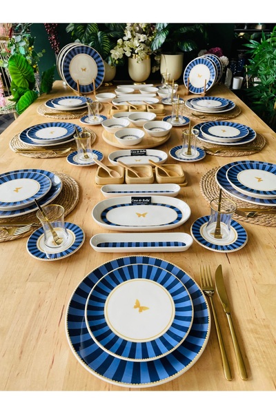 CASA DE BELLA Navy Blue Striped 103 Piece Breakfast Set for 12 People