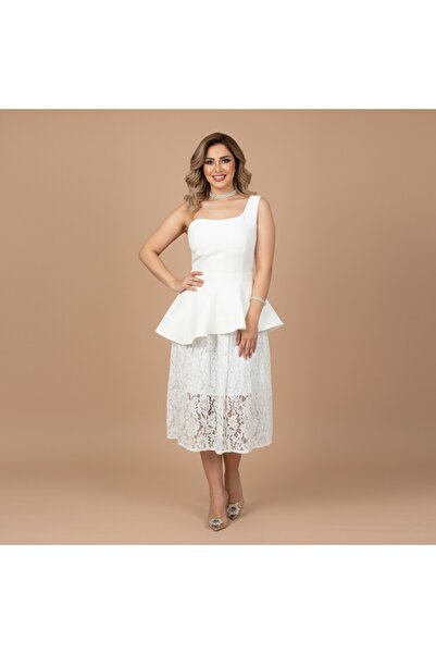 SERA Elegant White One-Shoulder Peplum Midi Dress