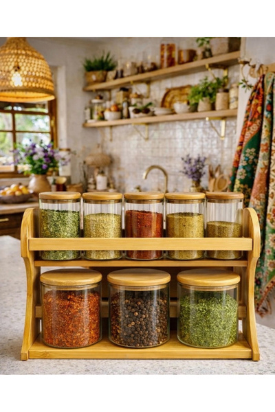 Pembelia Life Bambu Standlı 9’lu Cam Baharat Saklama Kavanoz Seti Baharatlık ...