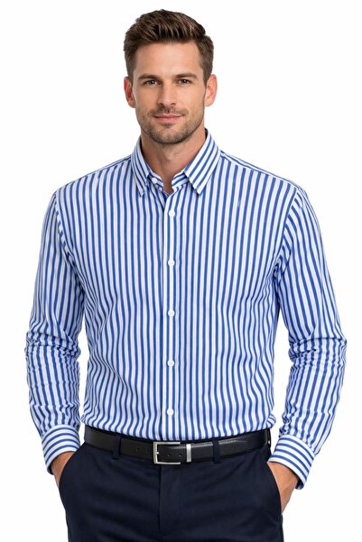 Generic Men’s Blue & White Striped Cotton Shirt – Slim Fit Long Sleeve Office...