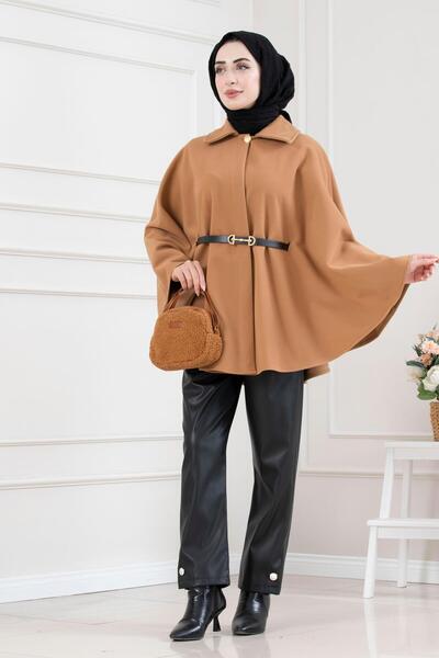 Sevitli معطف بانشو بحزام خصر - تان