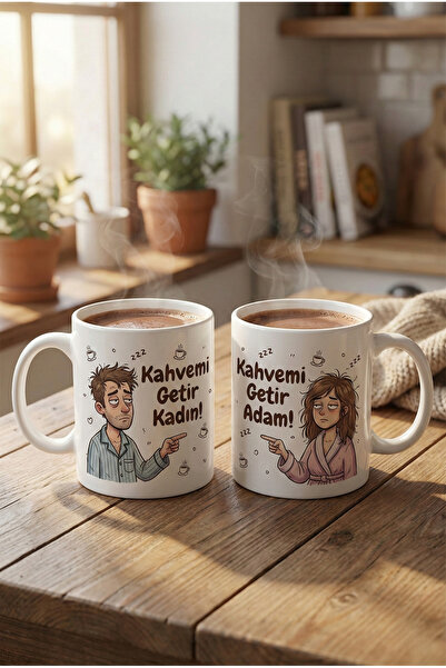 MeshCraft3D Eğlenceli Sabah Kahvesi Çift Kupa Seti - Kahvemi Getir Yazılı Miz...