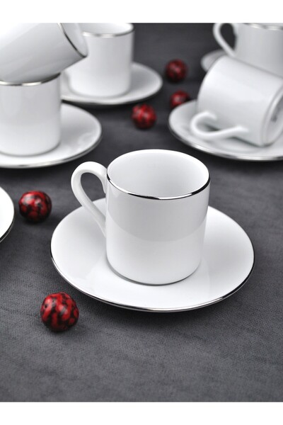 Qualitev 6 Kişilik Porselen Silver Yaldızlı Kahve Fincanı Takımı Gümüş Fincan...