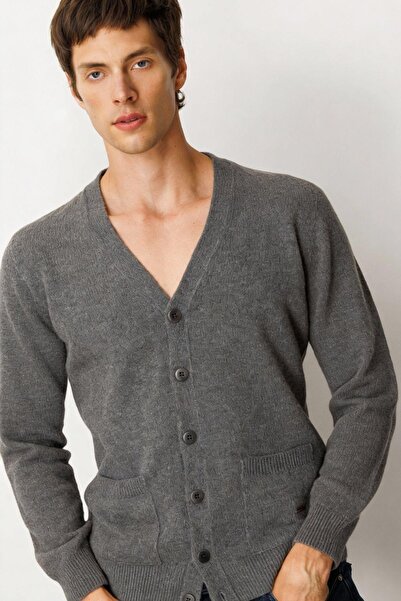 Desen Triko Men's V-Neck Wool Cardigan with Pockets Smoked