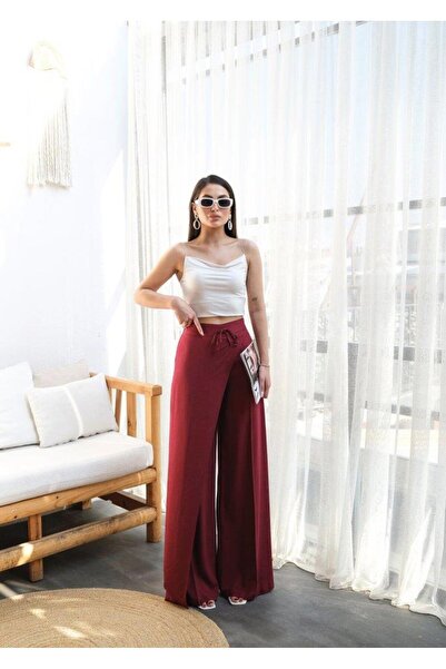 Lunelis Pantaloni din in cu picior lat, cu elastic și dantelă în partea din față