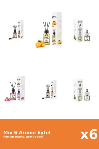Eyfel Set 6 Mix Eyfel: 2x Lacramioare, 1x Portocala, 1x Trandafir, 2x Vanilie