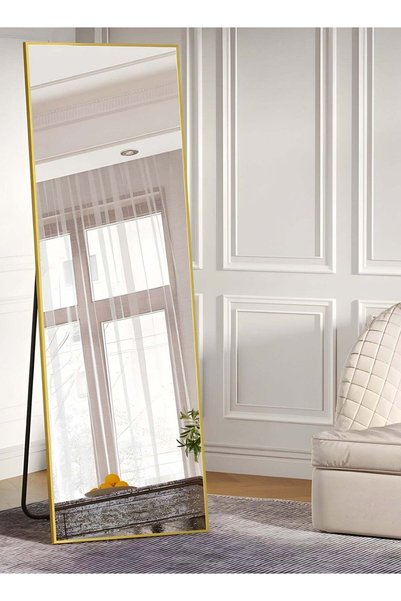 M SMART مرآة بتصميم أنيق، مقاس 155 × 45 سم - مرآة كاملة الطول بإطار معدني ذهبي وحامل خلفي