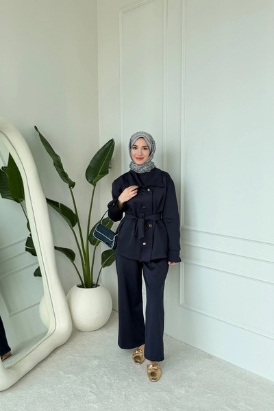 Mihran Butik Sophie Model Women's Suit with Belt and Button Detail, Navy Blue