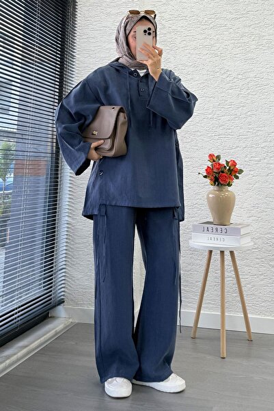 MELEK ARAZ Hooded Button Detailed Women's Two-Piece Suit - Indigo