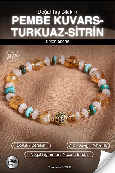 OSMANLI DEĞERLİ TAŞ Certified Pink Quartz-Turquoise-Citrine Natural Stone Zir...