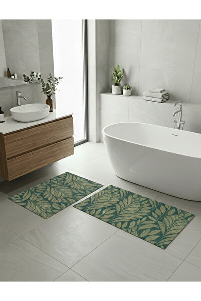 Etnik Dekor طقم سجادة حمام مكون من قطعتين بطباعة رقمية بنمط أوراق الشجر، مع ق...