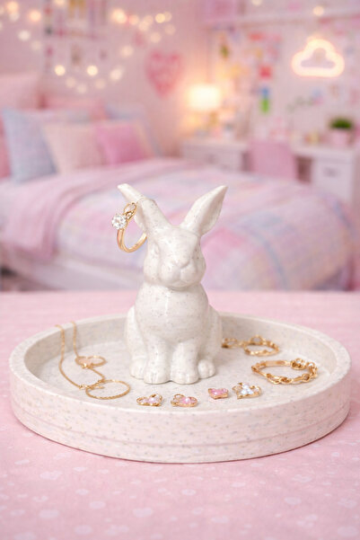 PrintaBox Tavşan Figürlü Mermer Görünümlü Takı Standı | Yüzük Küpe Kolye Orga...