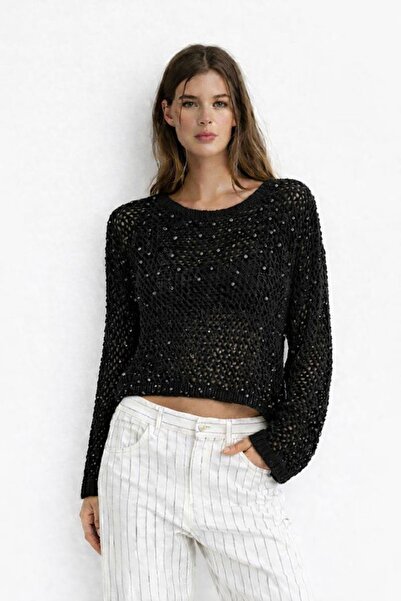 HAKKE İnci Detaylı File Örgü Kadın Triko KAZAK