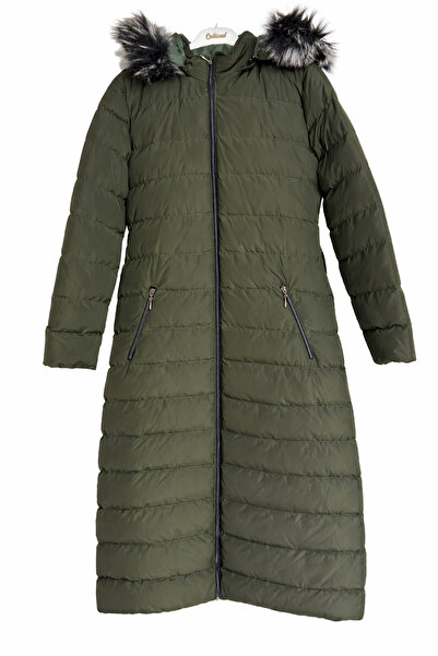 Hünkar Haki renk kadın uzun şişme mont