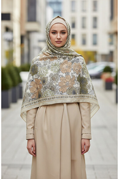 sefamerve Floral Patterned Amber Shawl 70358-14 Oil Green