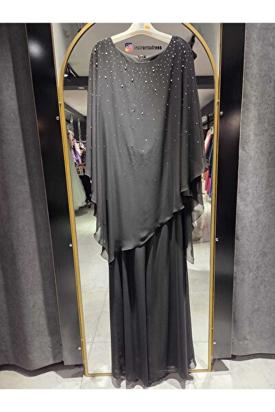 İnci Abiye Siyah İnci Detaylı Şifon Abiye Tulum